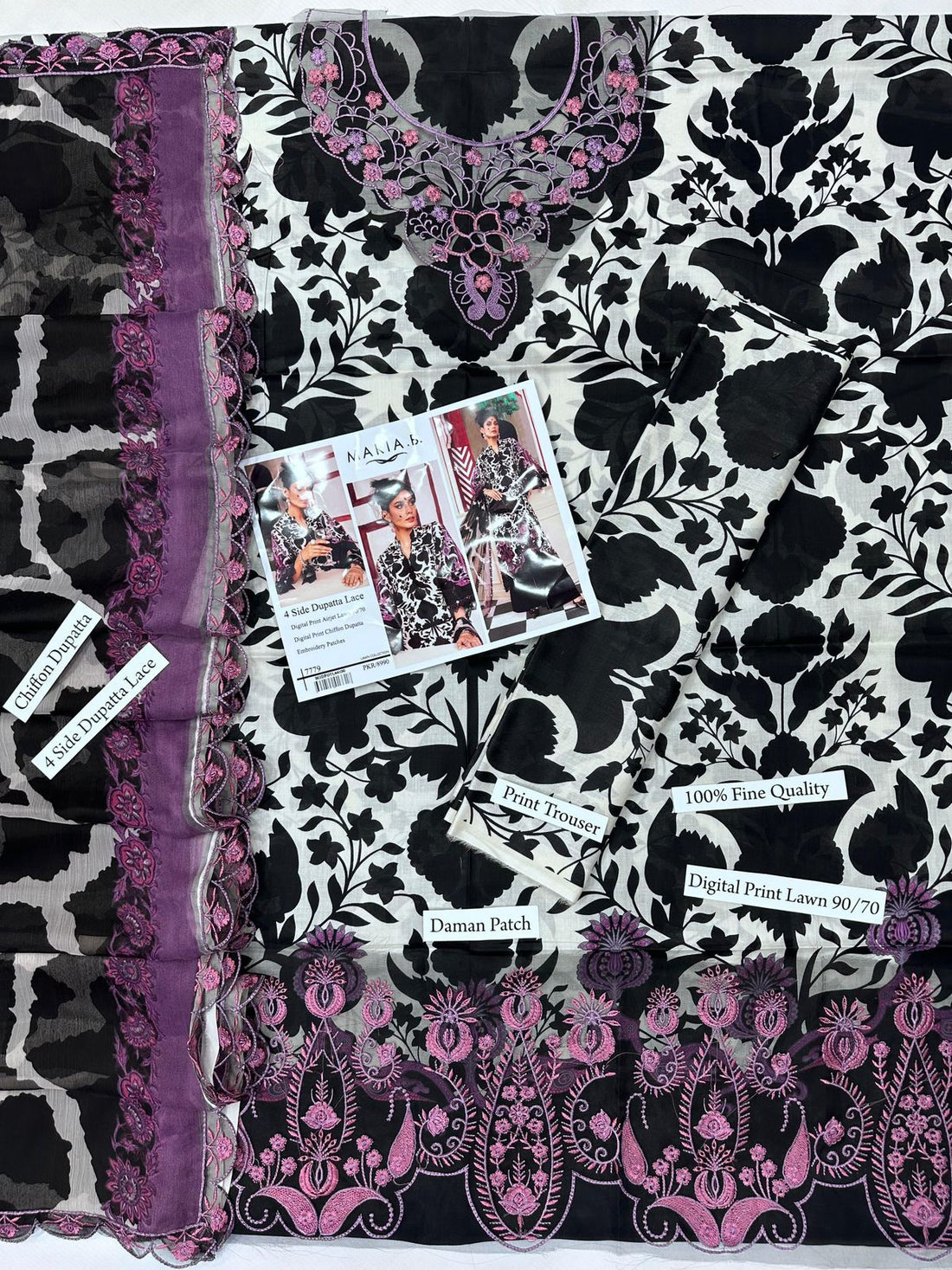 Digital Print Airjet Lawn Suit with 4-Side Lace Chiffon Dupatta