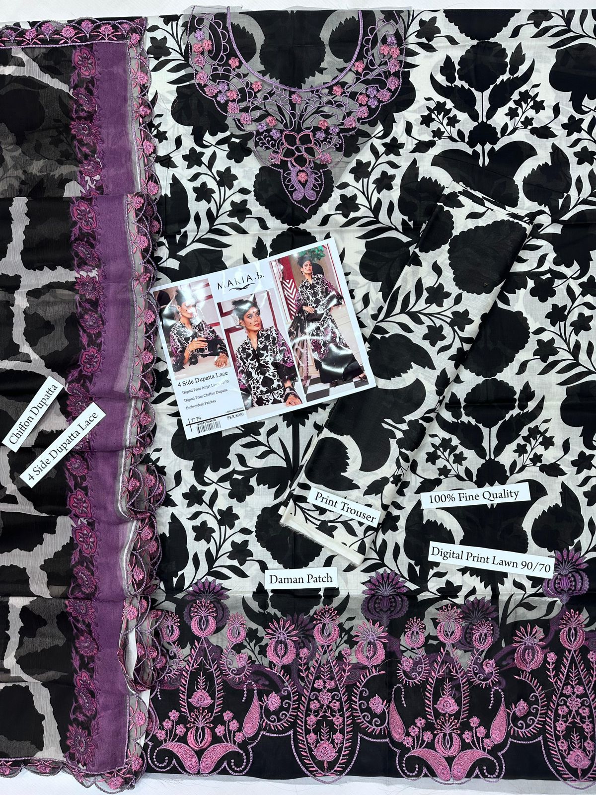 Digital Print Airjet Lawn Suit with 4-Side Lace Chiffon Dupatta