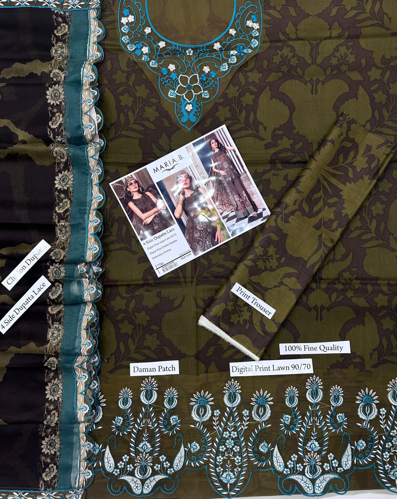 Digital Print Airjet Lawn Suit with 4-Side Lace Chiffon Dupatta