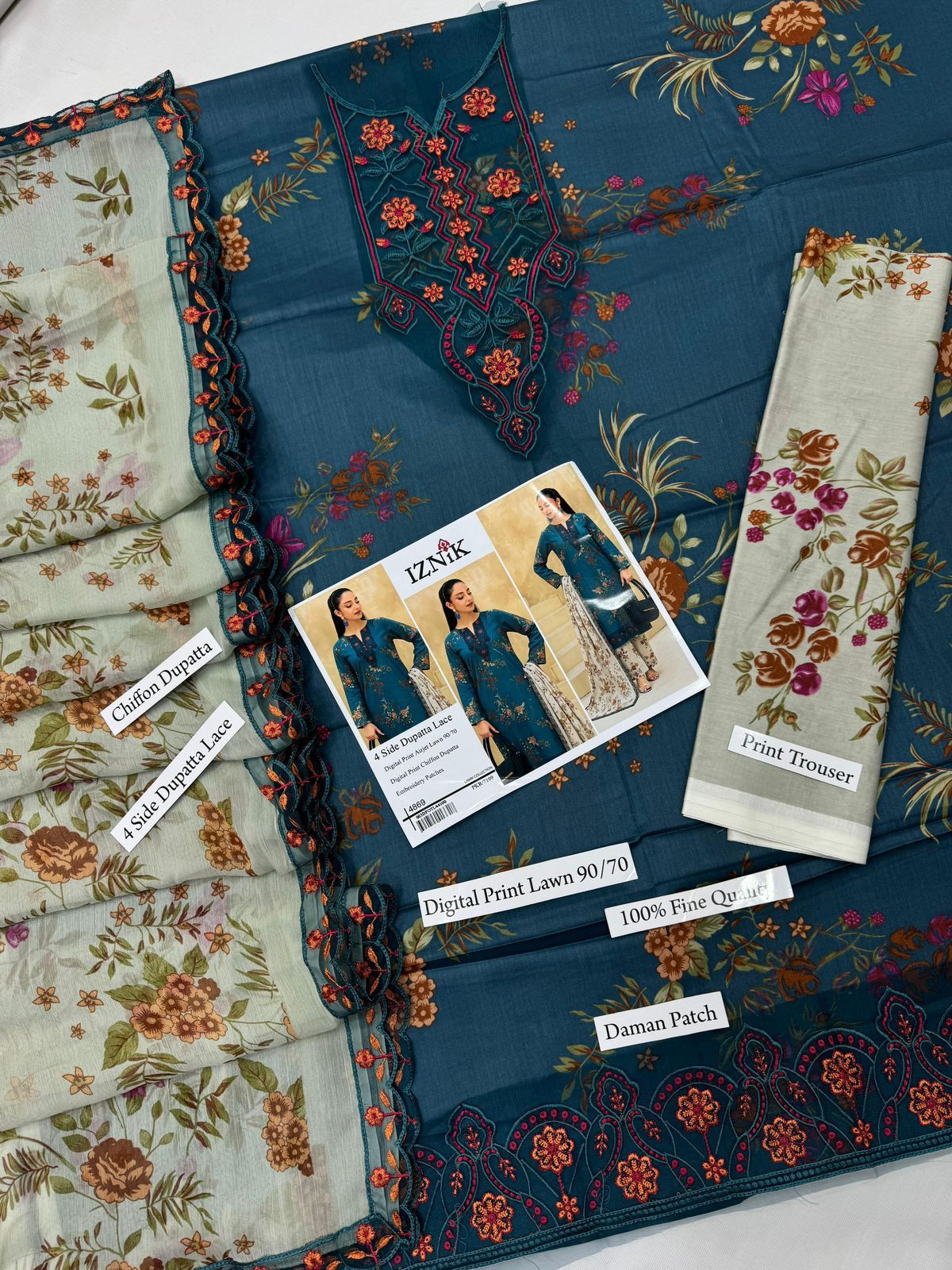 Digital Print Airjet Lawn Suit with 4-Side Lace Chiffon Dupatta