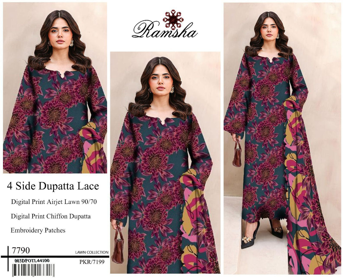 Digital Print Airjet Lawn Suit with 4-Side Lace Chiffon Dupatta