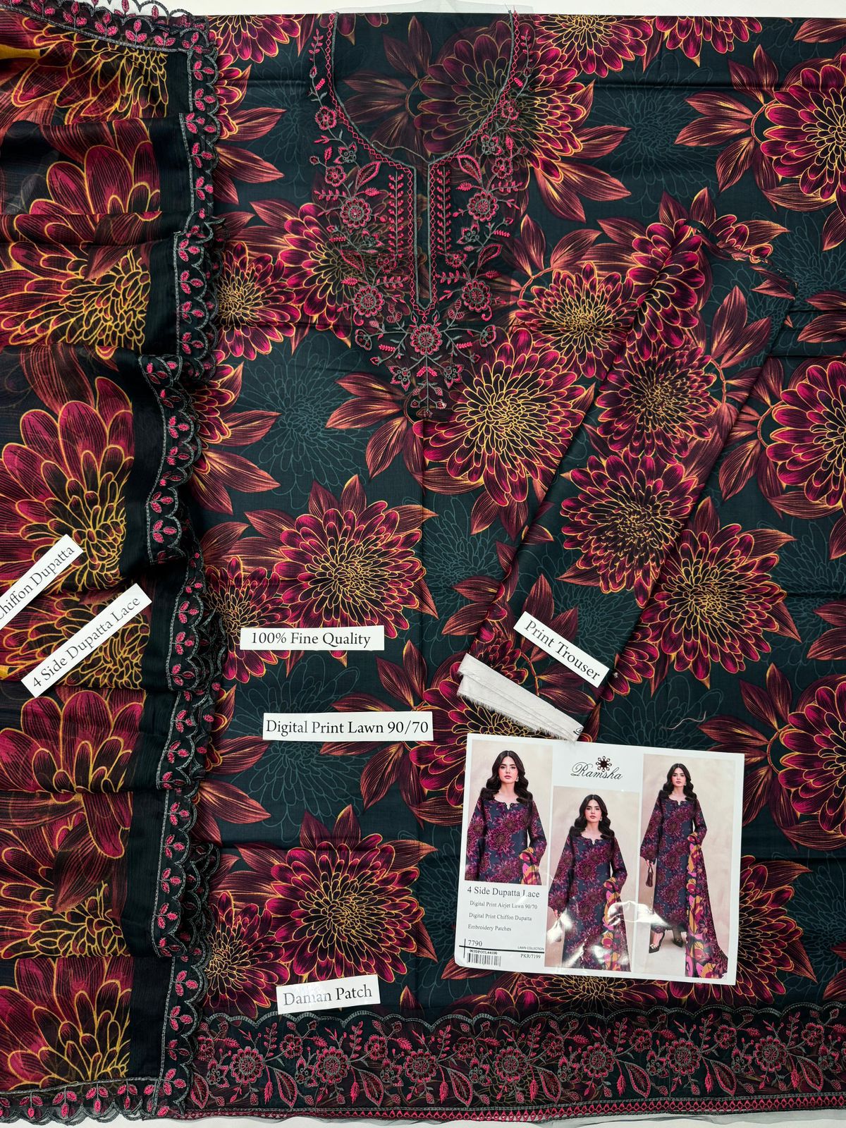 Digital Print Airjet Lawn Suit with 4-Side Lace Chiffon Dupatta