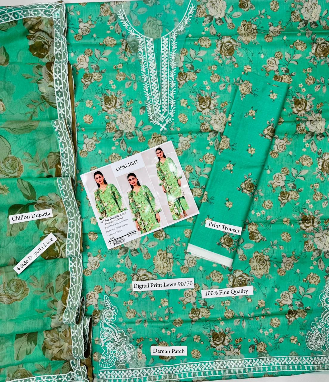 Digital Print Airjet Lawn Suit with 4-Side Lace Chiffon Dupatta