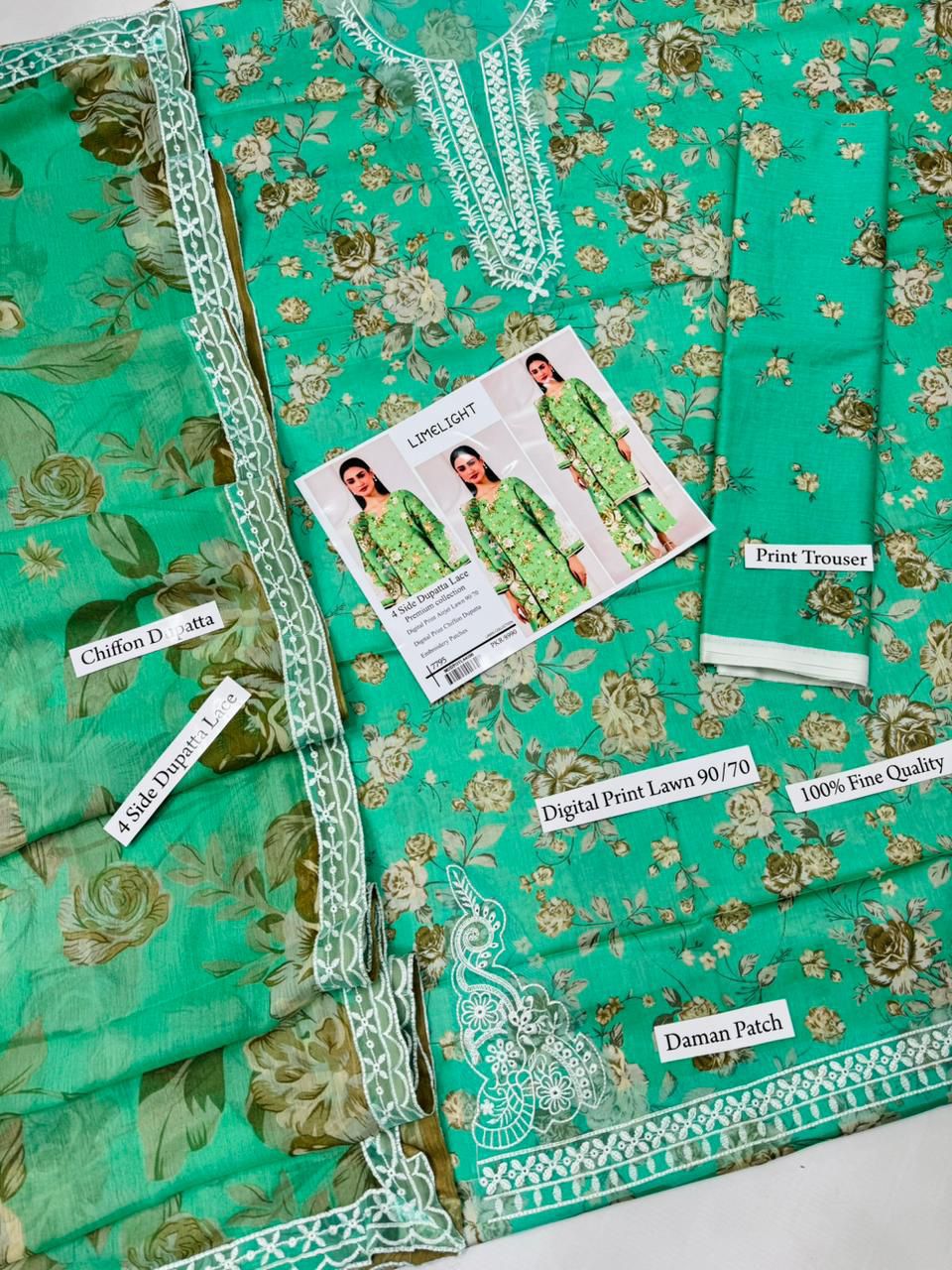 Digital Print Airjet Lawn Suit with 4-Side Lace Chiffon Dupatta