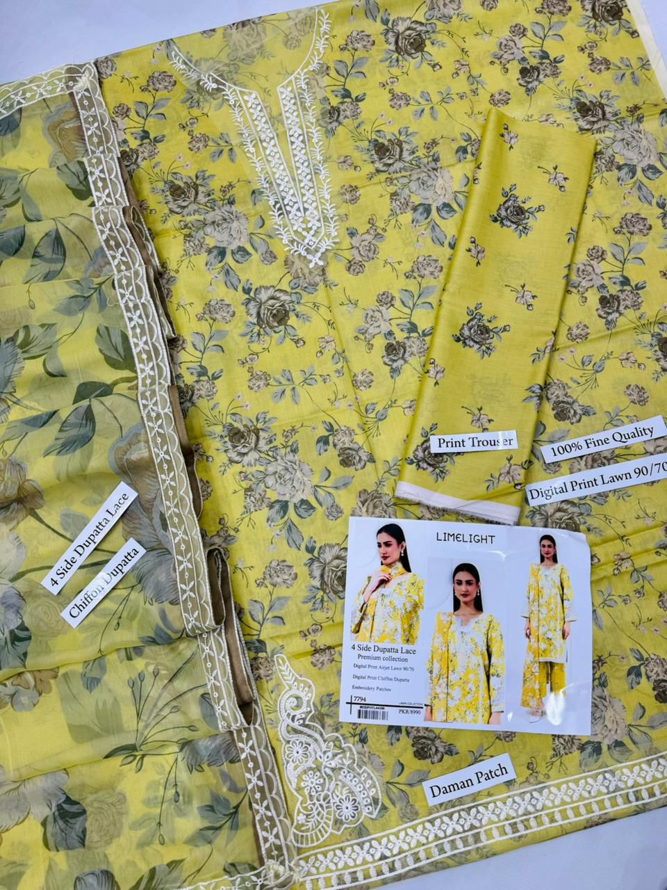 Digital Print Airjet Lawn Suit with 4-Side Lace Chiffon Dupatta