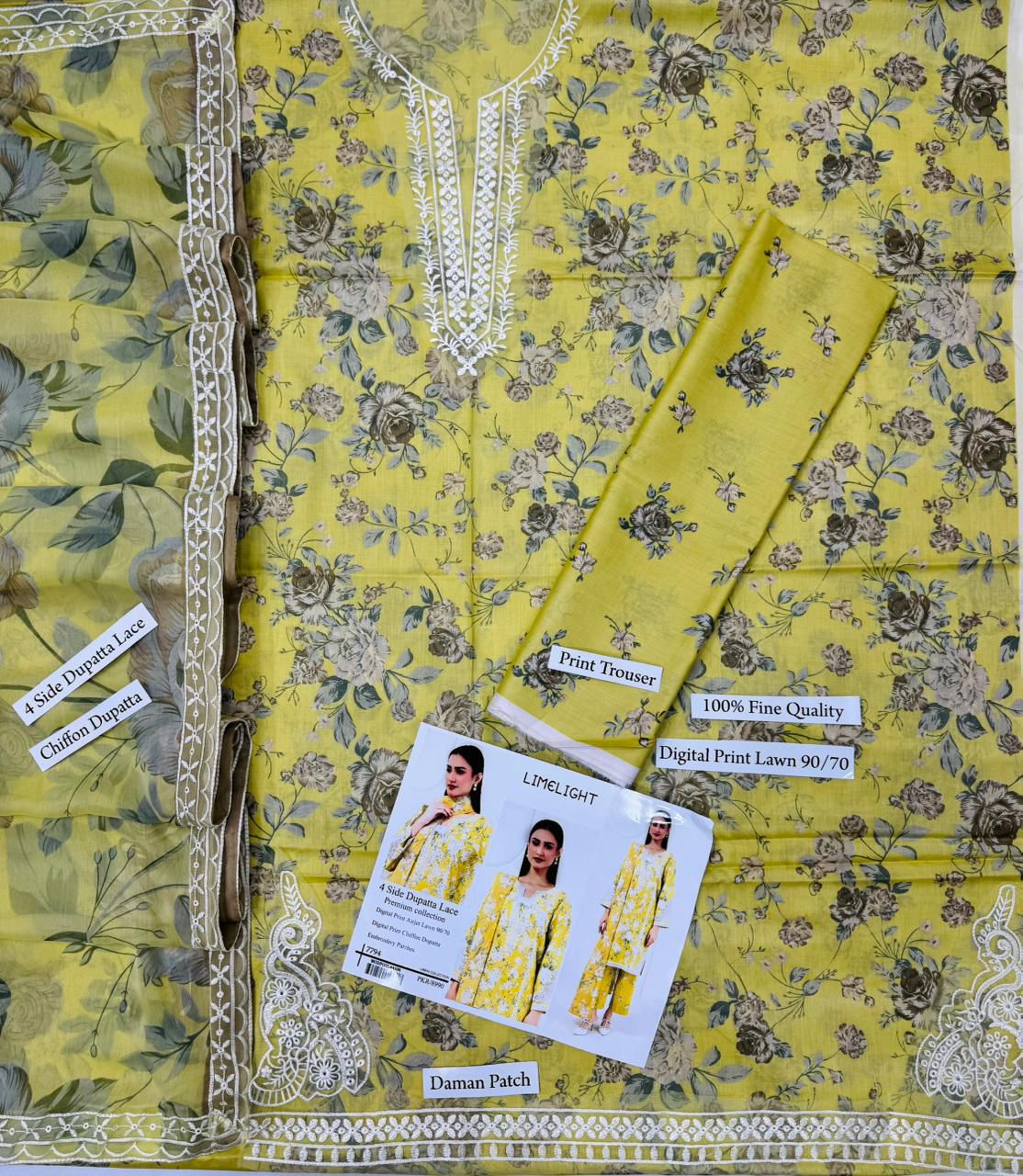 Digital Print Airjet Lawn Suit with 4-Side Lace Chiffon Dupatta