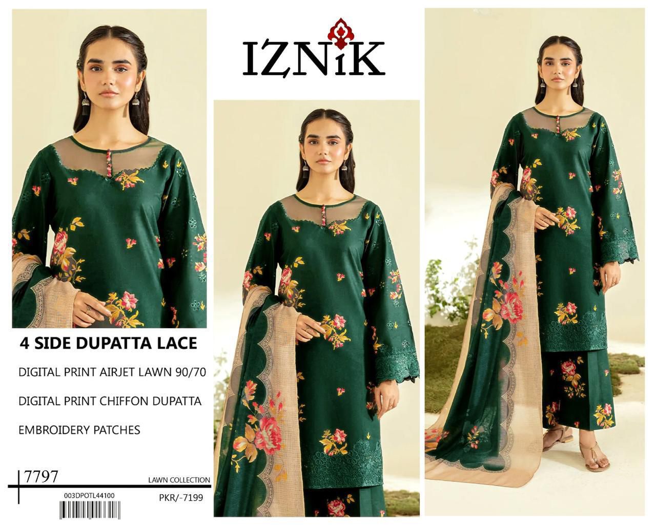 DIGITAL PRINT AIRJET LAWN 90/70 With 4 Side Lace CHIFFON DUPATTA