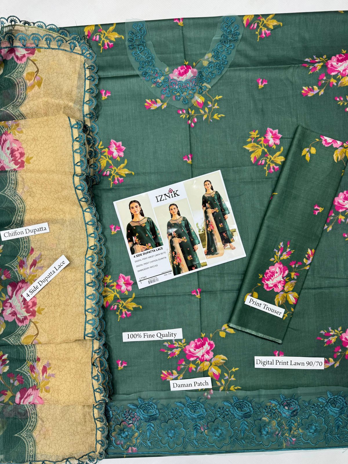 DIGITAL PRINT AIRJET LAWN 90/70 With 4 Side Lace CHIFFON DUPATTA
