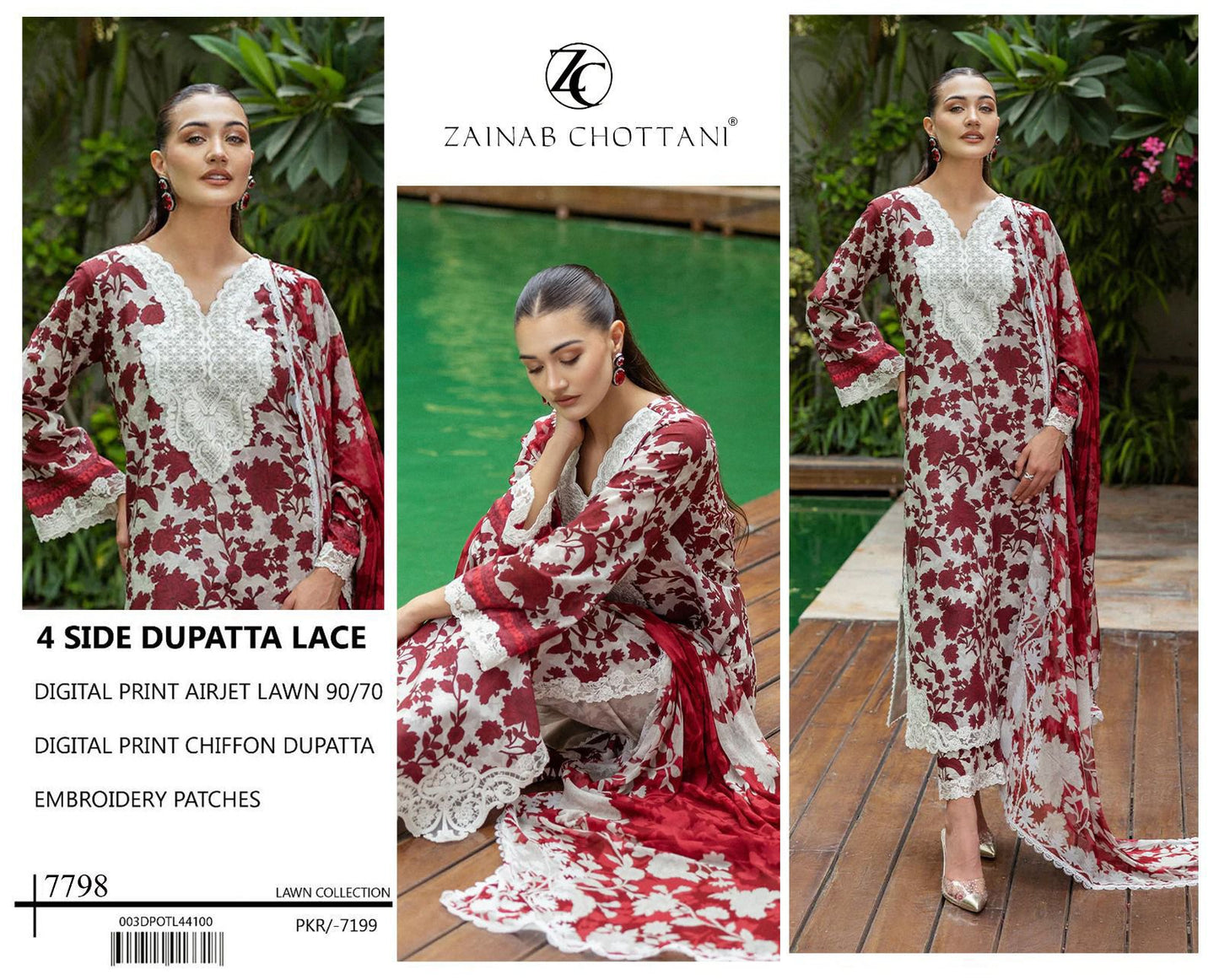 DIGITAL PRINT AIRJET LAWN 90/70 With 4 Side Lace CHIFFON DUPATTA