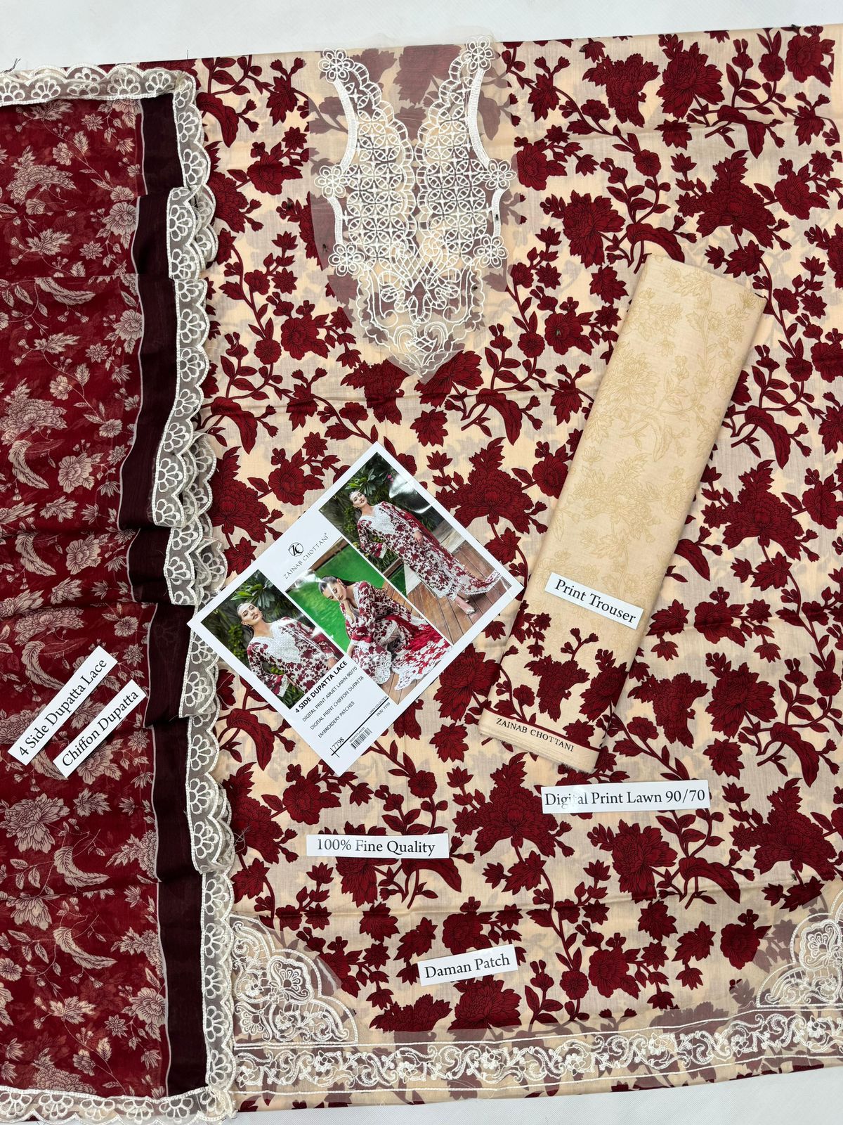 DIGITAL PRINT AIRJET LAWN 90/70 With 4 Side Lace CHIFFON DUPATTA