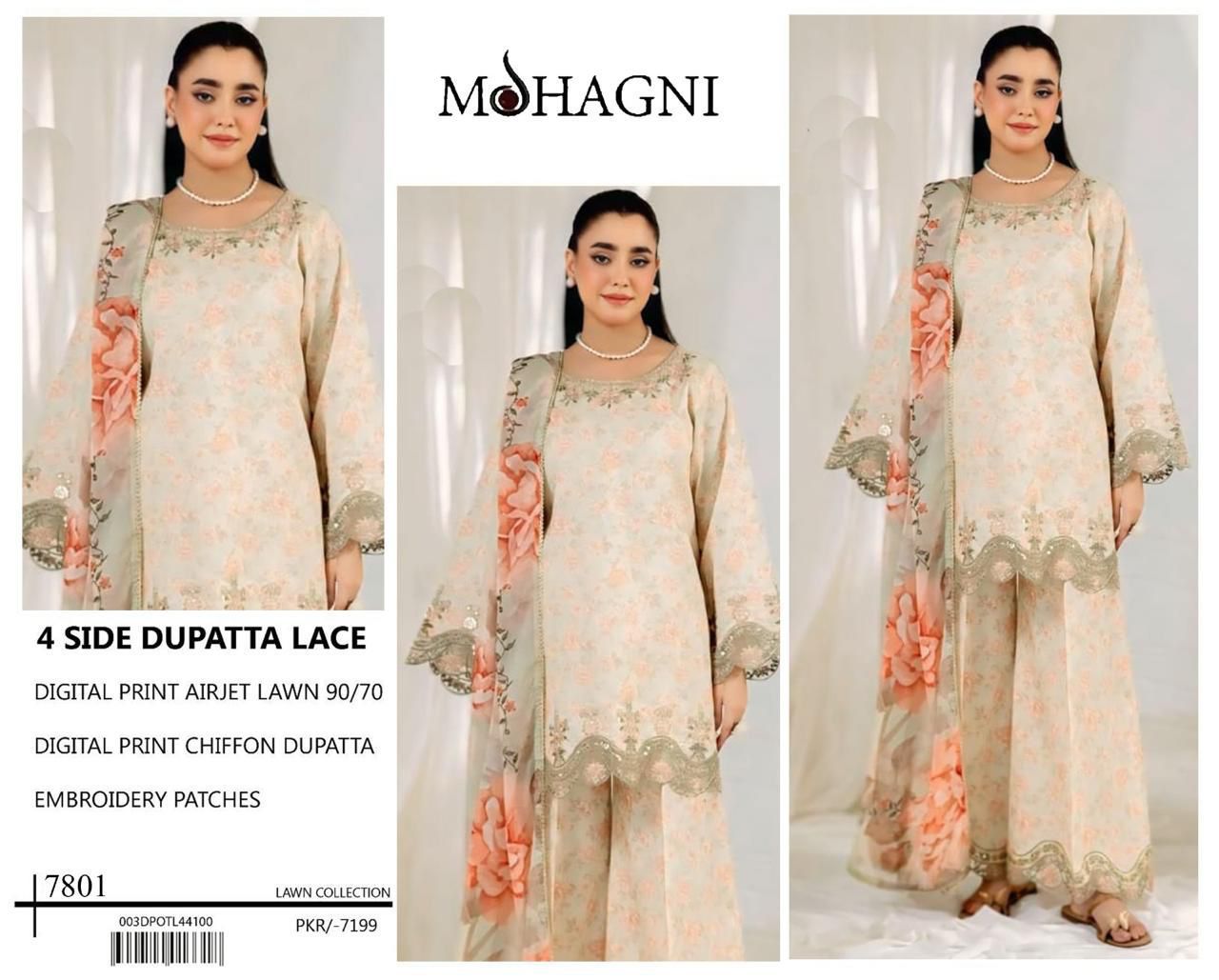 DIGITAL PRINT AIRJET LAWN 90/70 With 4 Side Lace CHIFFON DUPATTA