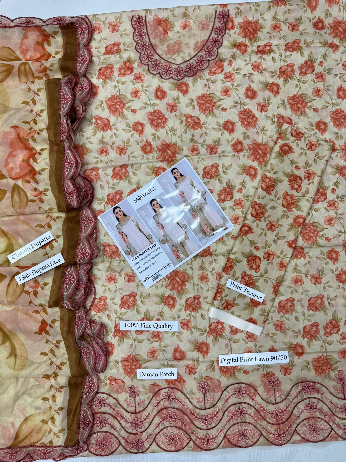 DIGITAL PRINT AIRJET LAWN 90/70 With 4 Side Lace CHIFFON DUPATTA