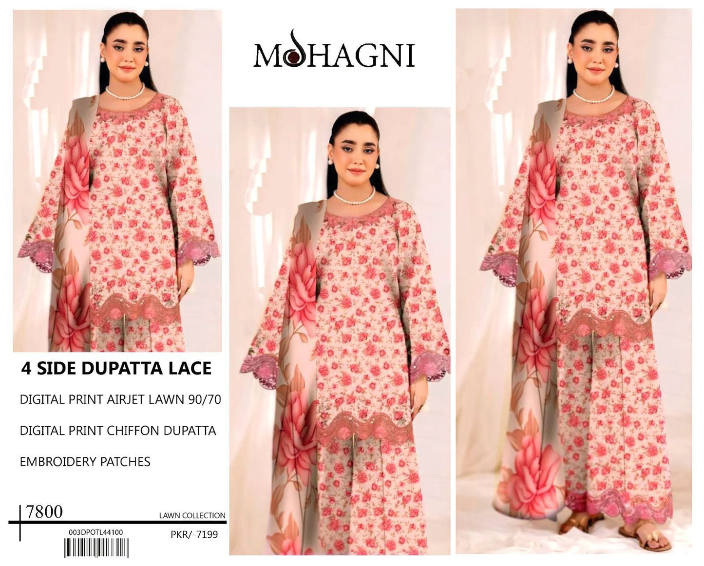 DIGITAL PRINT AIRJET LAWN 90/70 With 4 Side Lace CHIFFON DUPATTA