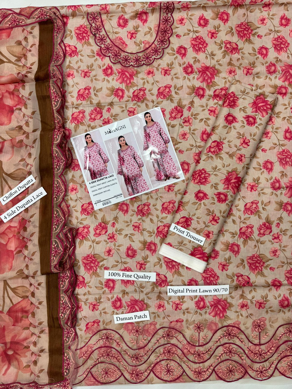 DIGITAL PRINT AIRJET LAWN 90/70 With 4 Side Lace CHIFFON DUPATTA