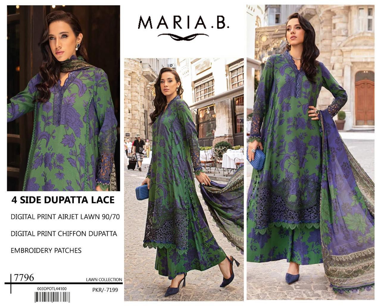 DIGITAL PRINT AIRJET LAWN 90/70 With 4 Side Lace CHIFFON DUPATTA