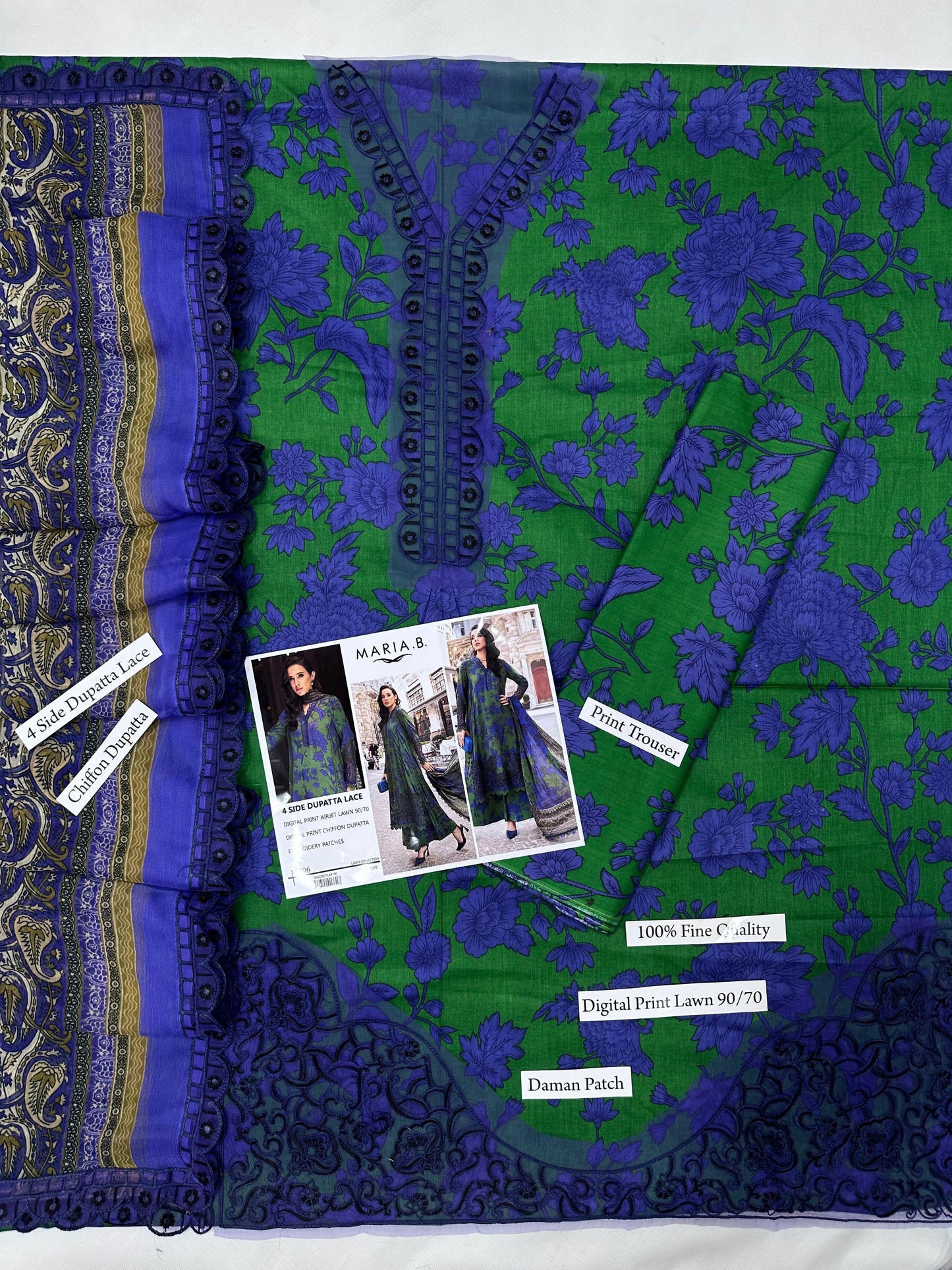 DIGITAL PRINT AIRJET LAWN 90/70 With 4 Side Lace CHIFFON DUPATTA