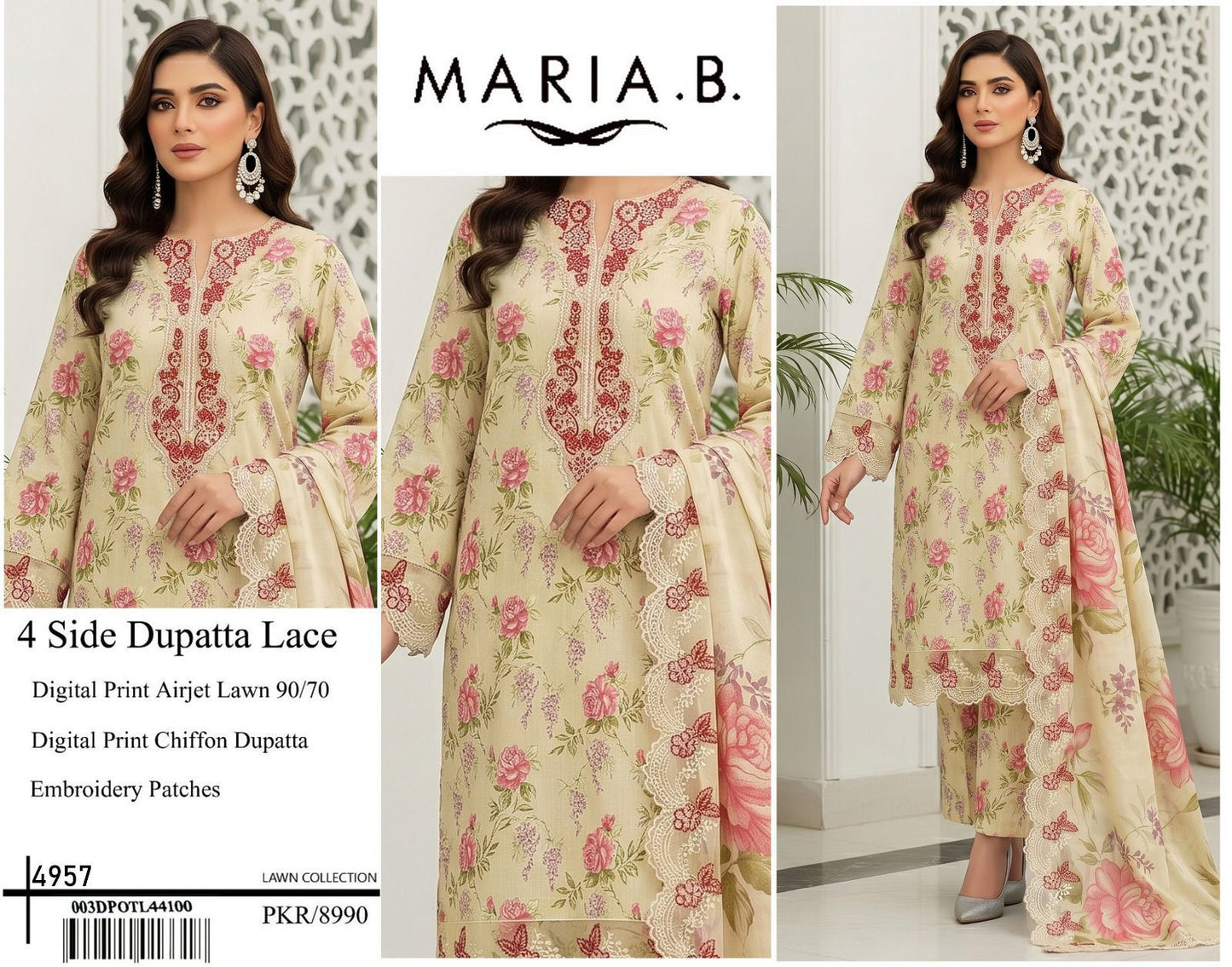 DIGITAL PRINT AIRJET LAWN 90/70 With 4 Side Lace CHIFFON DUPATTA