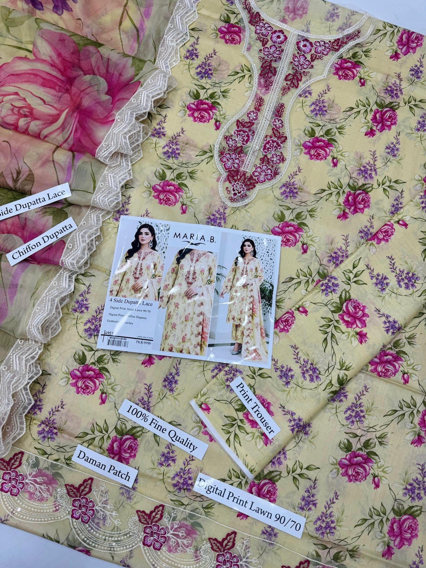 DIGITAL PRINT AIRJET LAWN 90/70 With 4 Side Lace CHIFFON DUPATTA