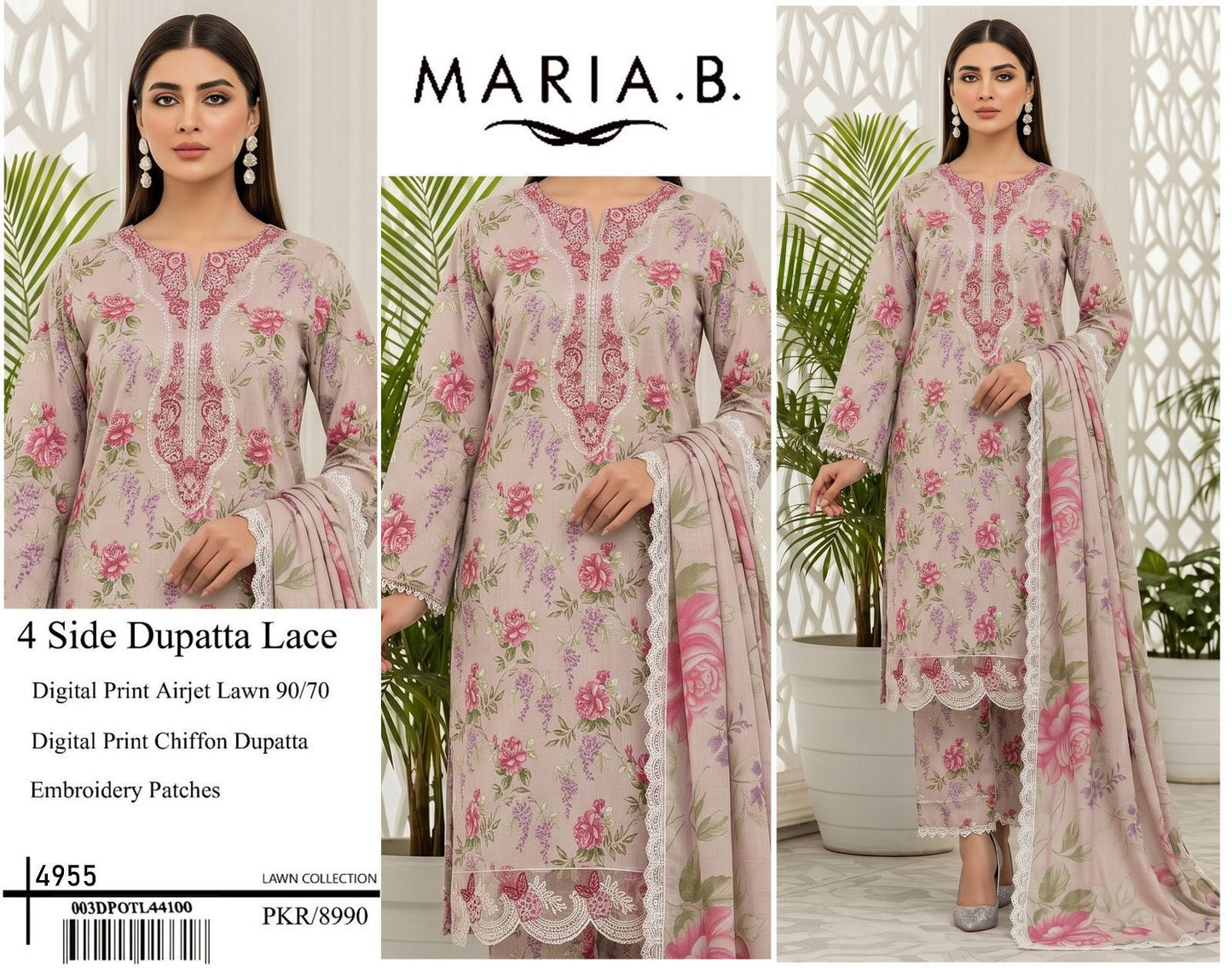 DIGITAL PRINT AIRJET LAWN 90/70 With 4 Side Lace CHIFFON DUPATTA