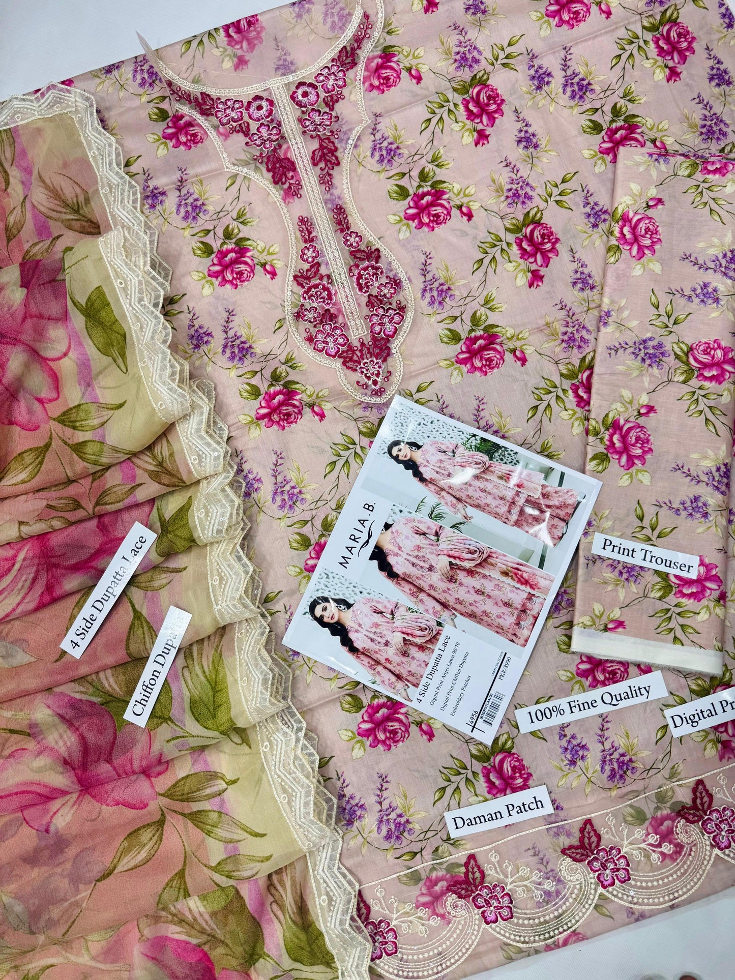 DIGITAL PRINT AIRJET LAWN 90/70 With 4 Side Lace CHIFFON DUPATTA