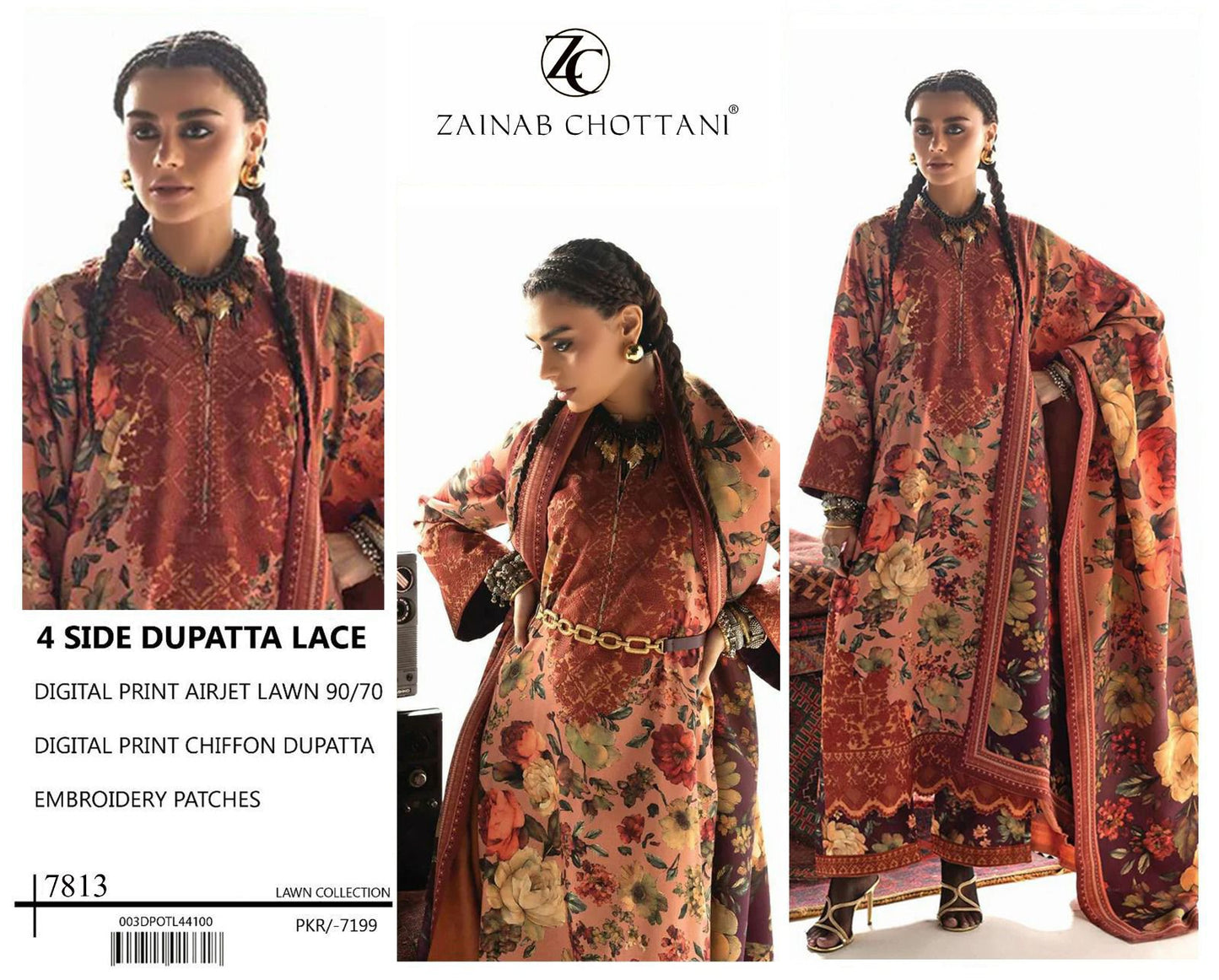 DIGITAL PRINT AIRJET LAWN 90/70 With 4 Side Lace CHIFFON DUPATTA