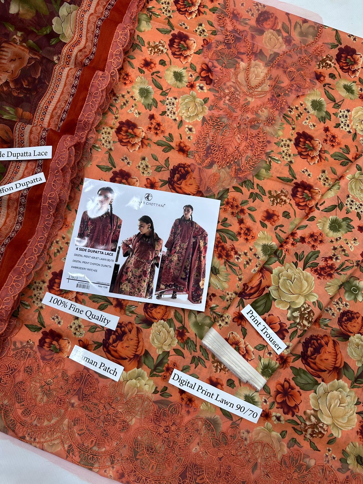 DIGITAL PRINT AIRJET LAWN 90/70 With 4 Side Lace CHIFFON DUPATTA