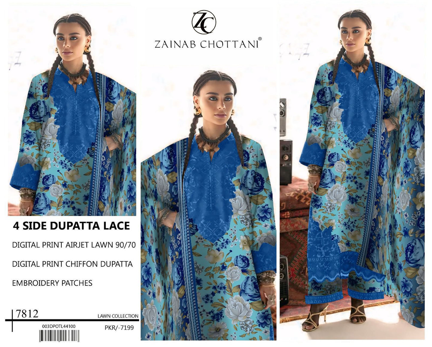 DIGITAL PRINT AIRJET LAWN 90/70 With 4 Side Lace CHIFFON DUPATTA