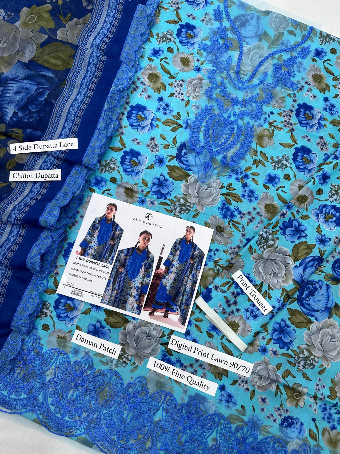 DIGITAL PRINT AIRJET LAWN 90/70 With 4 Side Lace CHIFFON DUPATTA