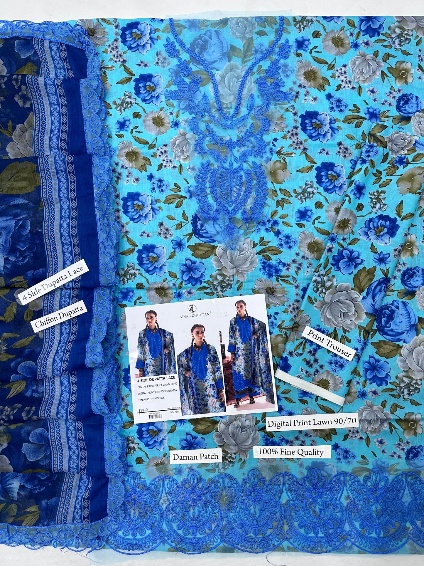 DIGITAL PRINT AIRJET LAWN 90/70 With 4 Side Lace CHIFFON DUPATTA