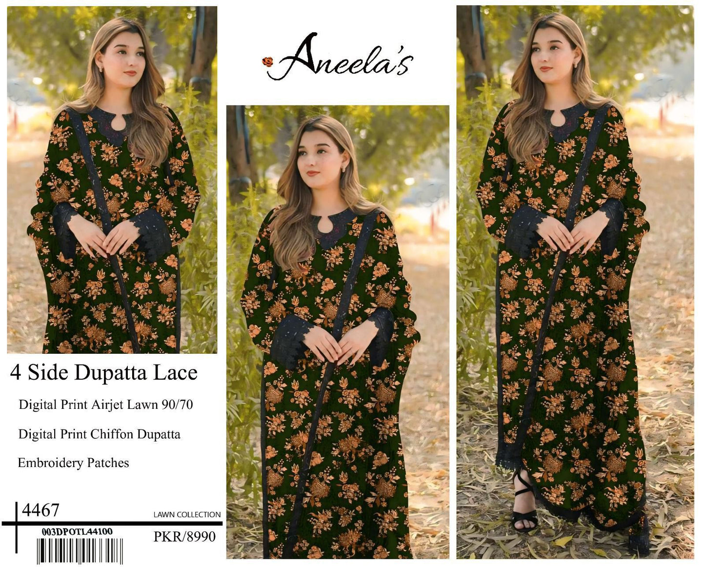 DIGITAL PRINT AIRJET LAWN 90/70 With 4 Side Lace CHIFFON DUPATTA