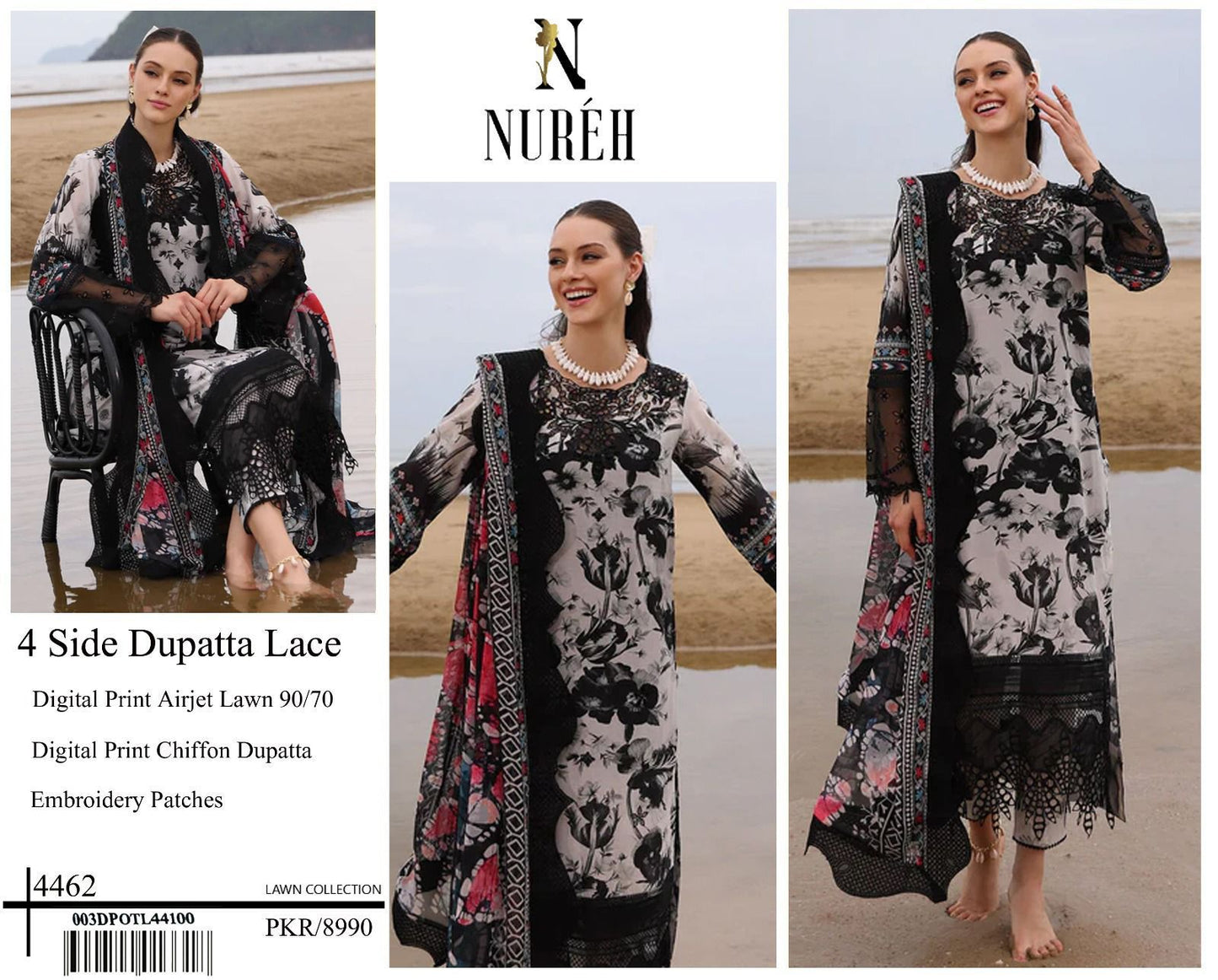 DIGITAL PRINT AIRJET LAWN 90/70 With 4 Side Lace CHIFFON DUPATTA
