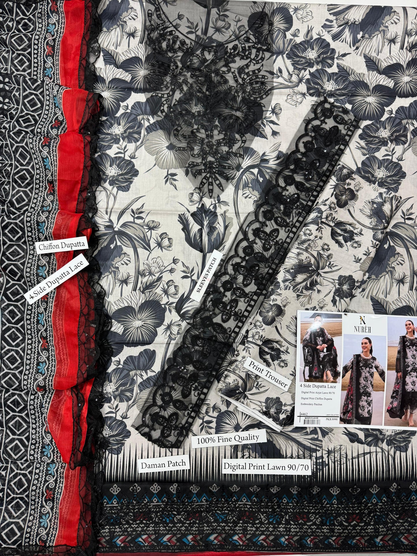 DIGITAL PRINT AIRJET LAWN 90/70 With 4 Side Lace CHIFFON DUPATTA
