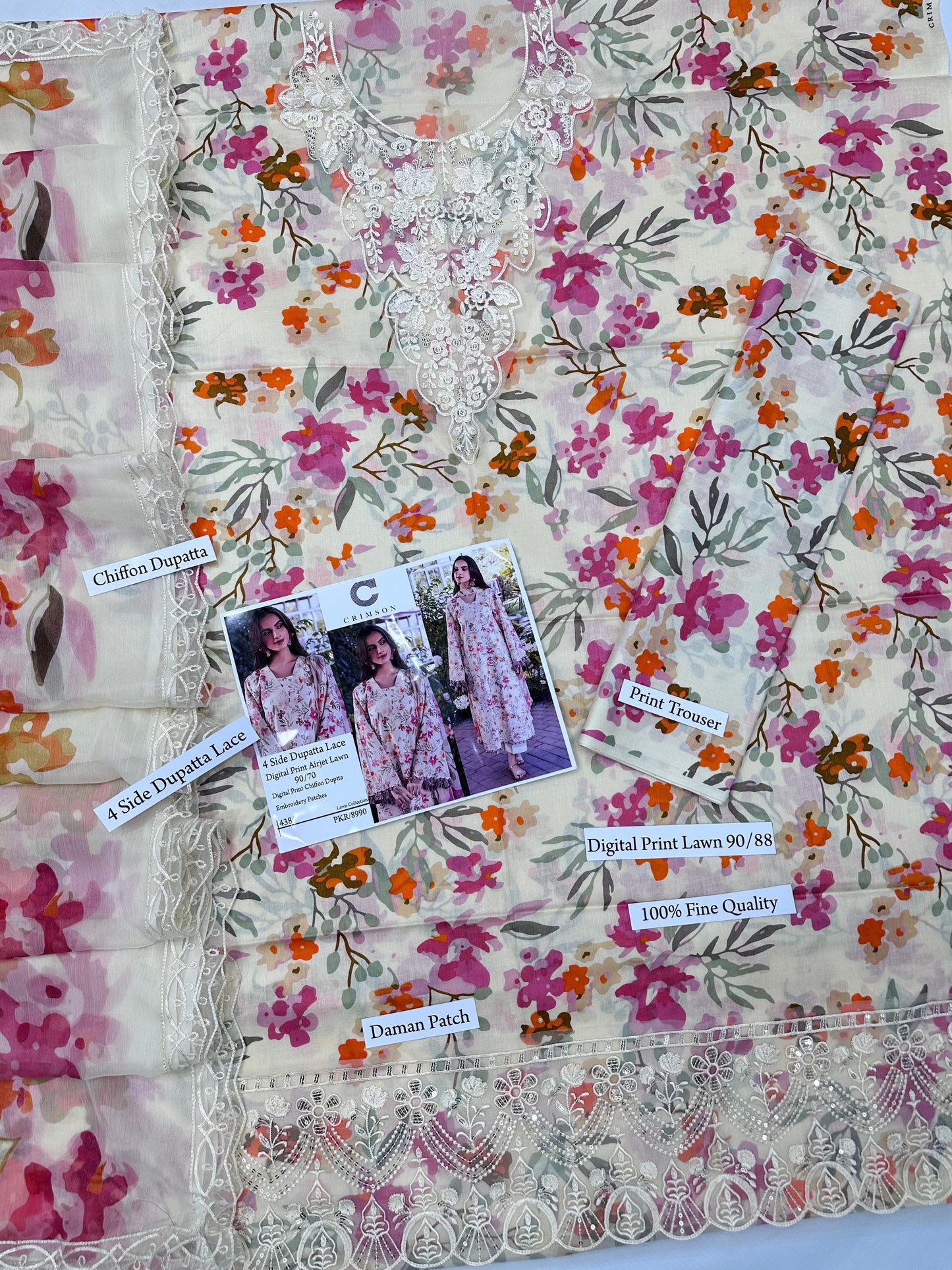DIGITAL PRINT AIRJET LAWN 90/70 With 4 Side Lace CHIFFON DUPATTA
