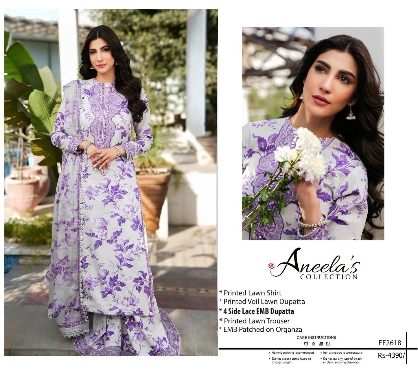 DIGITAL PRINT AIRJET LAWN 90/70 With 4 Side Lace CHIFFON DUPATTA