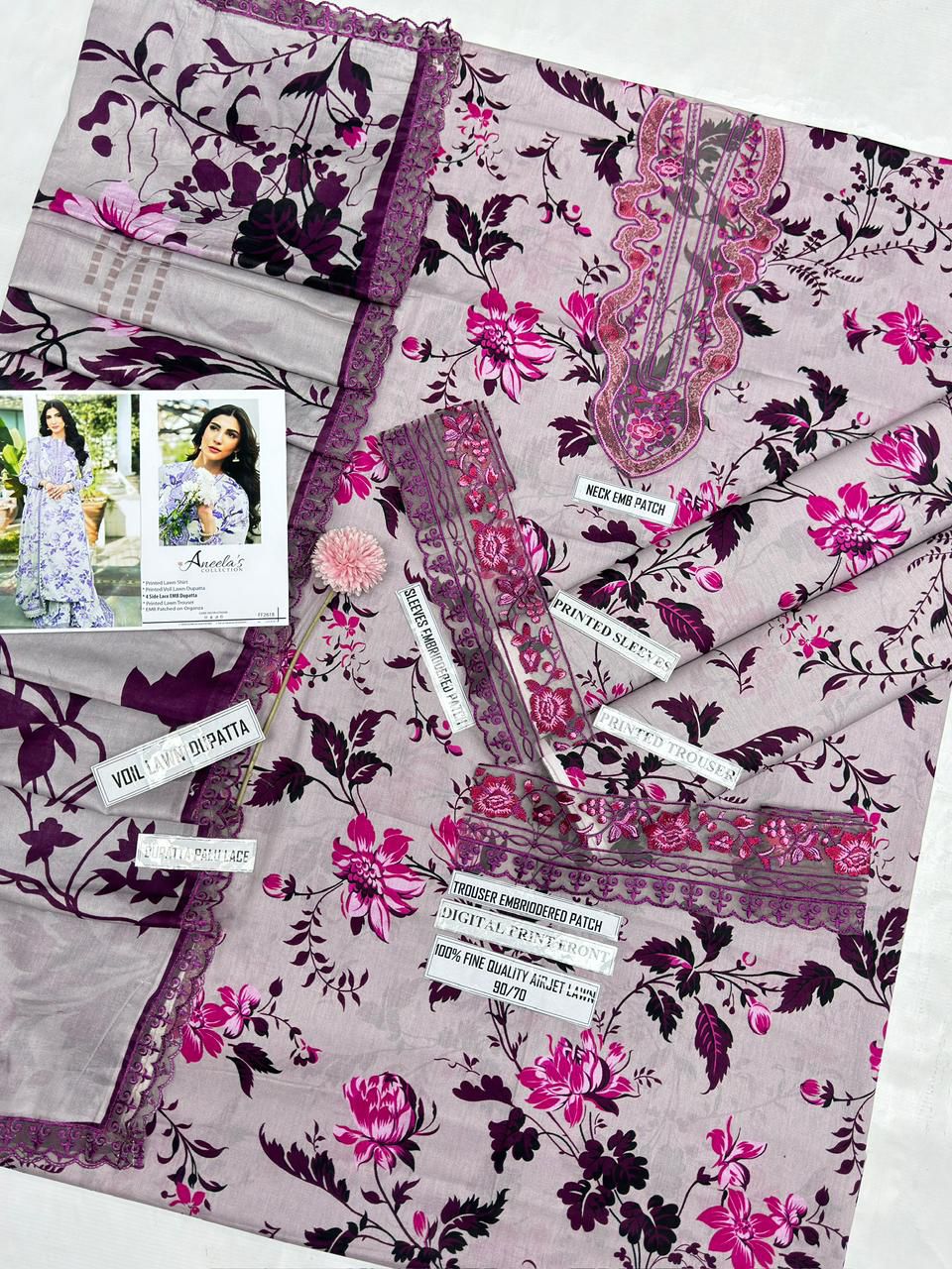 DIGITAL PRINT AIRJET LAWN 90/70 With 4 Side Lace CHIFFON DUPATTA
